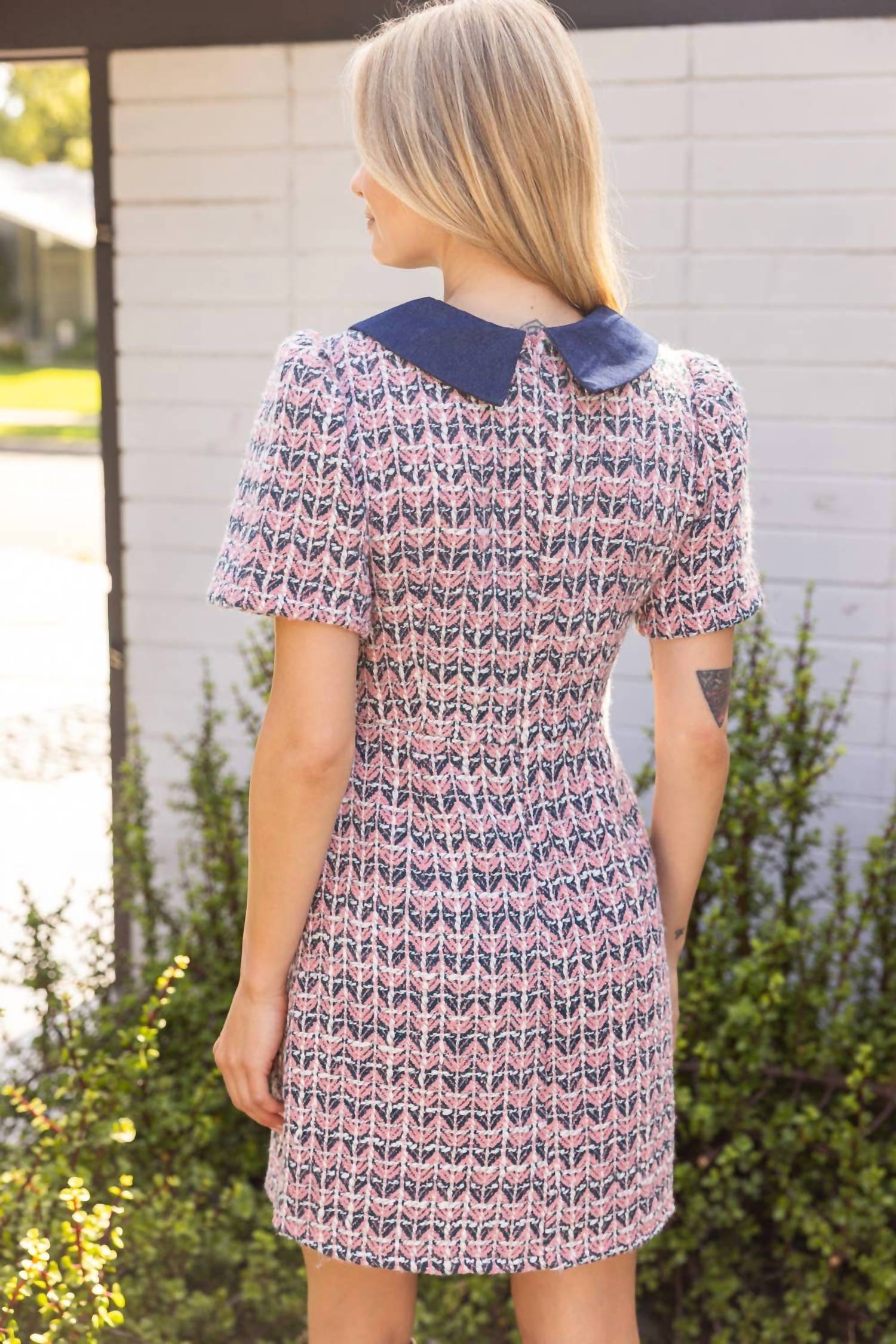 Voy - Full Button Down Contrast Collared Tweed Dress