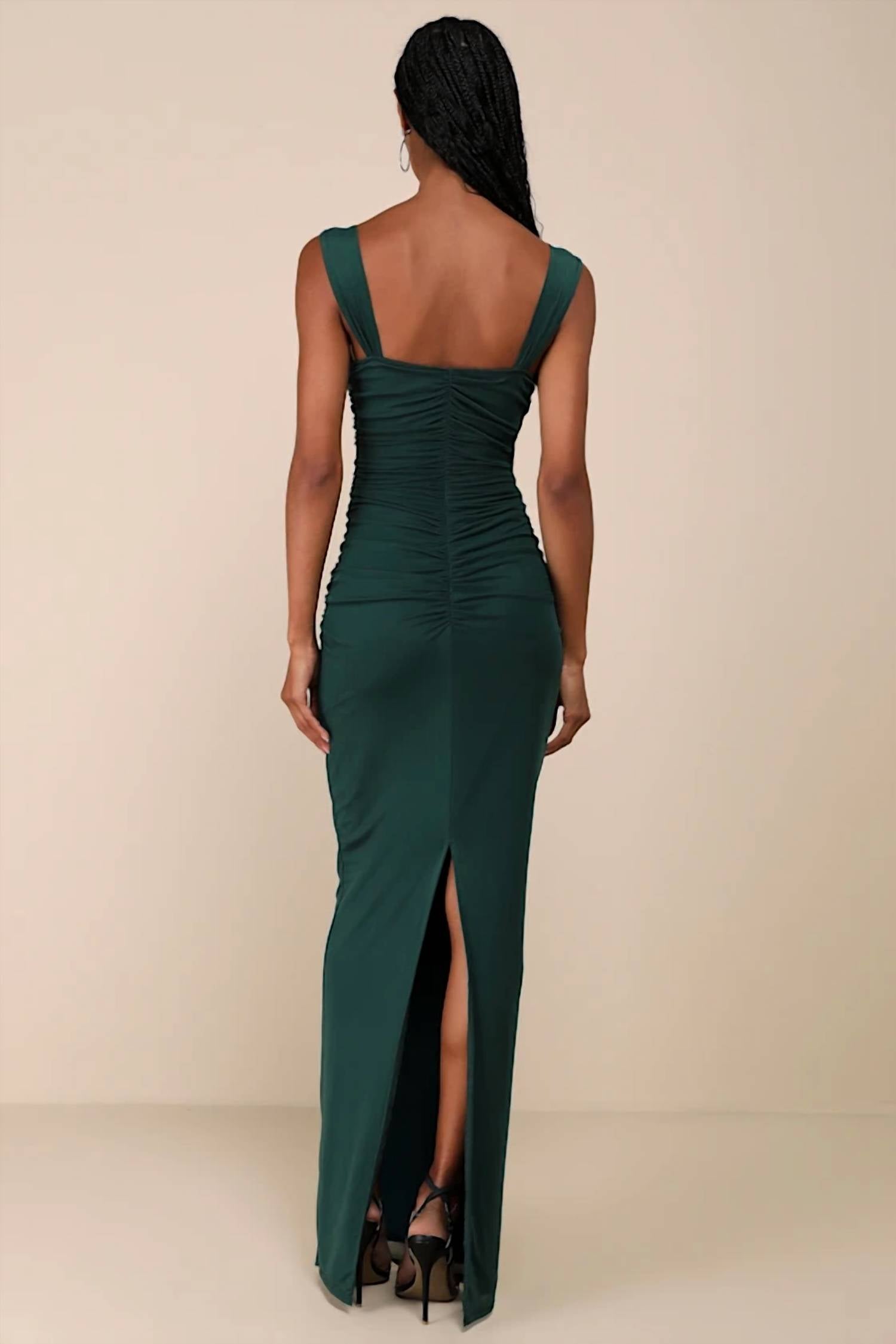 Lulus Amazing Presence Mesh Ruched Column Maxi Dress in dark green - women's dress - alternate view
