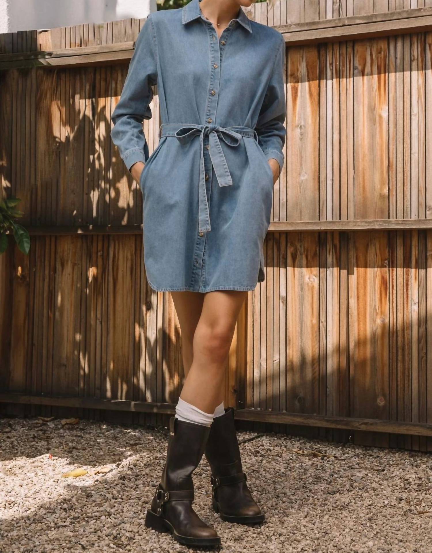 Skies Are Blue - Washed Denim Buttondown Shirt Dress