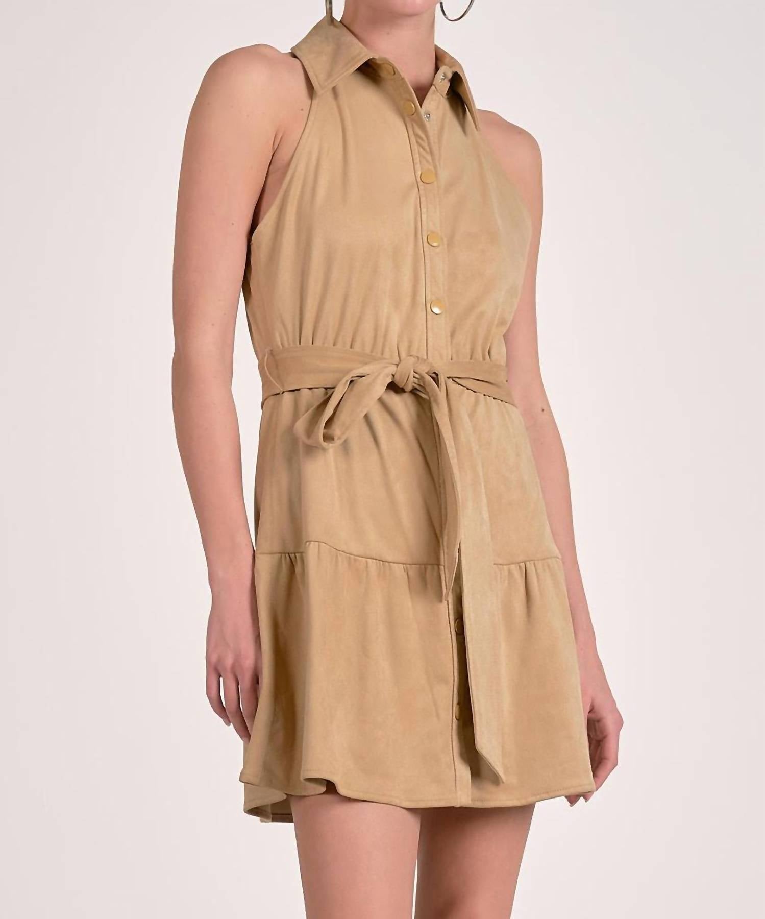 ELAN Faux Suede Halter Mini Dress in sand - women's dress