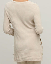 BAREFOOT DREAMS Textured Rib Pullover Side Button Top in stone - women's long sleeve top - alternate view