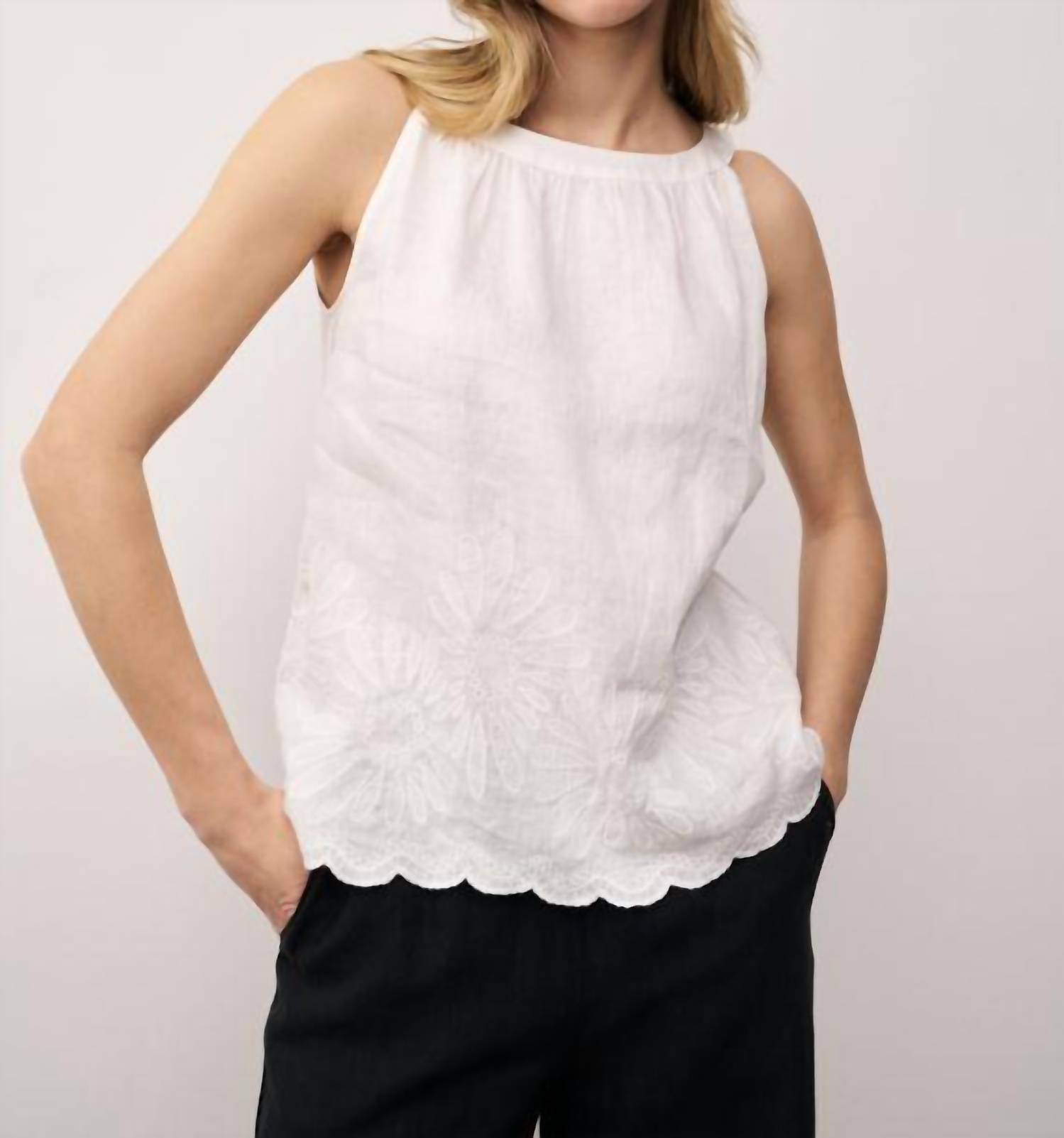 0039 Italy Josi Fancy Linen Sleeveless Top in white - women's blouse - detail view