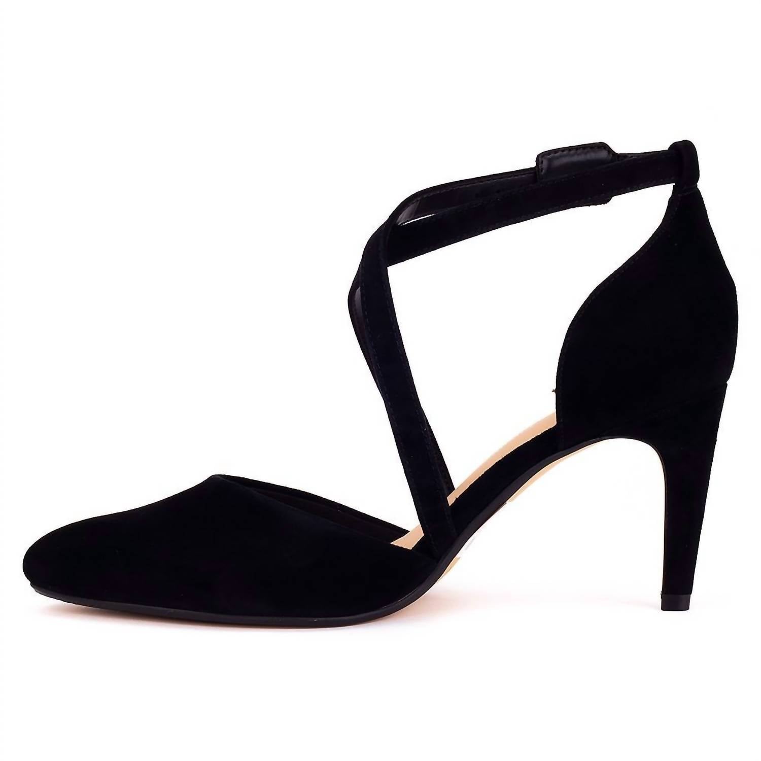 Clarks Women's Laina 85 Cross Heels in black suede - women's heels - detail view