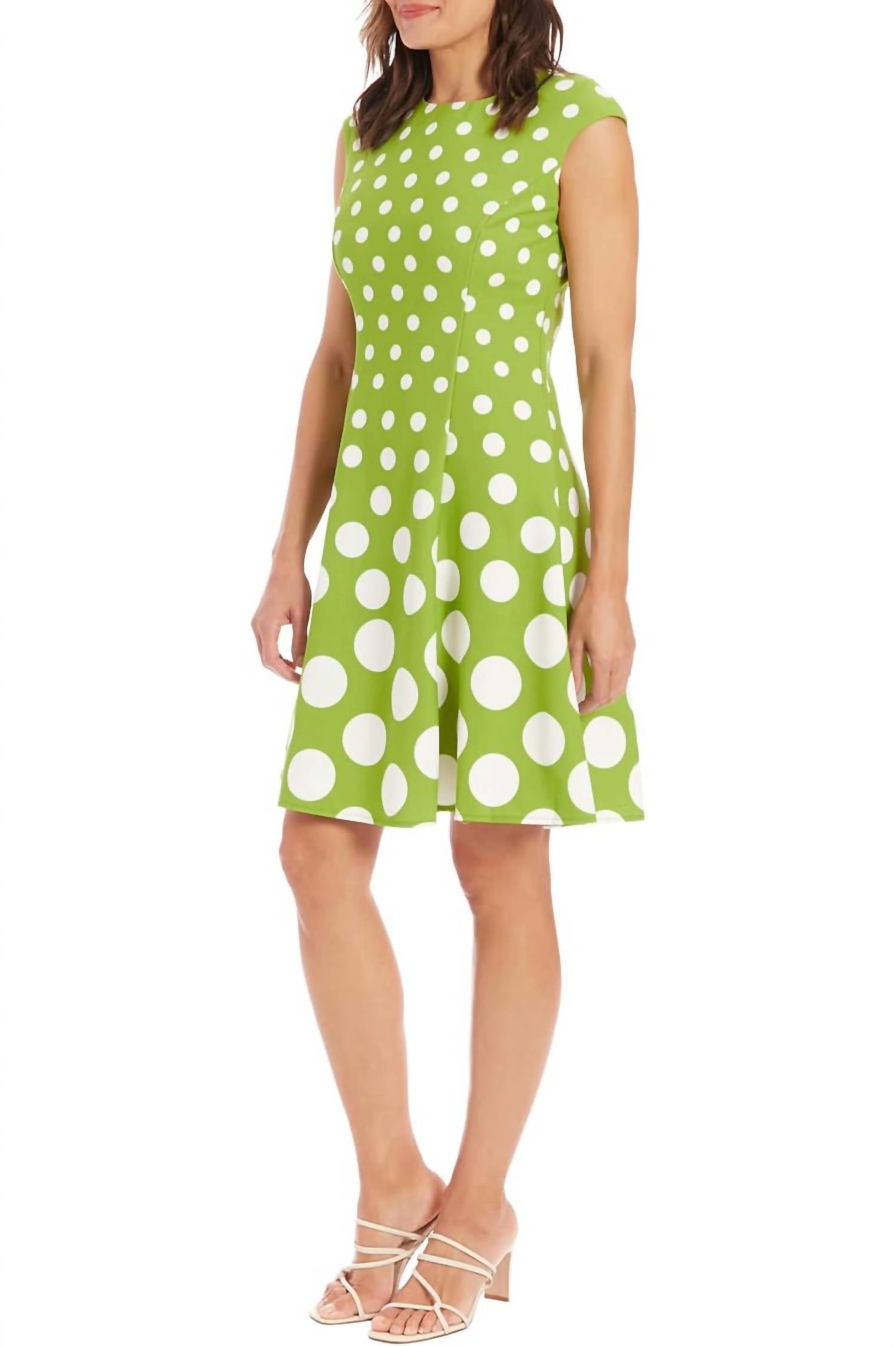 London Times - Crew Neck Box Pleated Polka Dot Print Jersey Dress