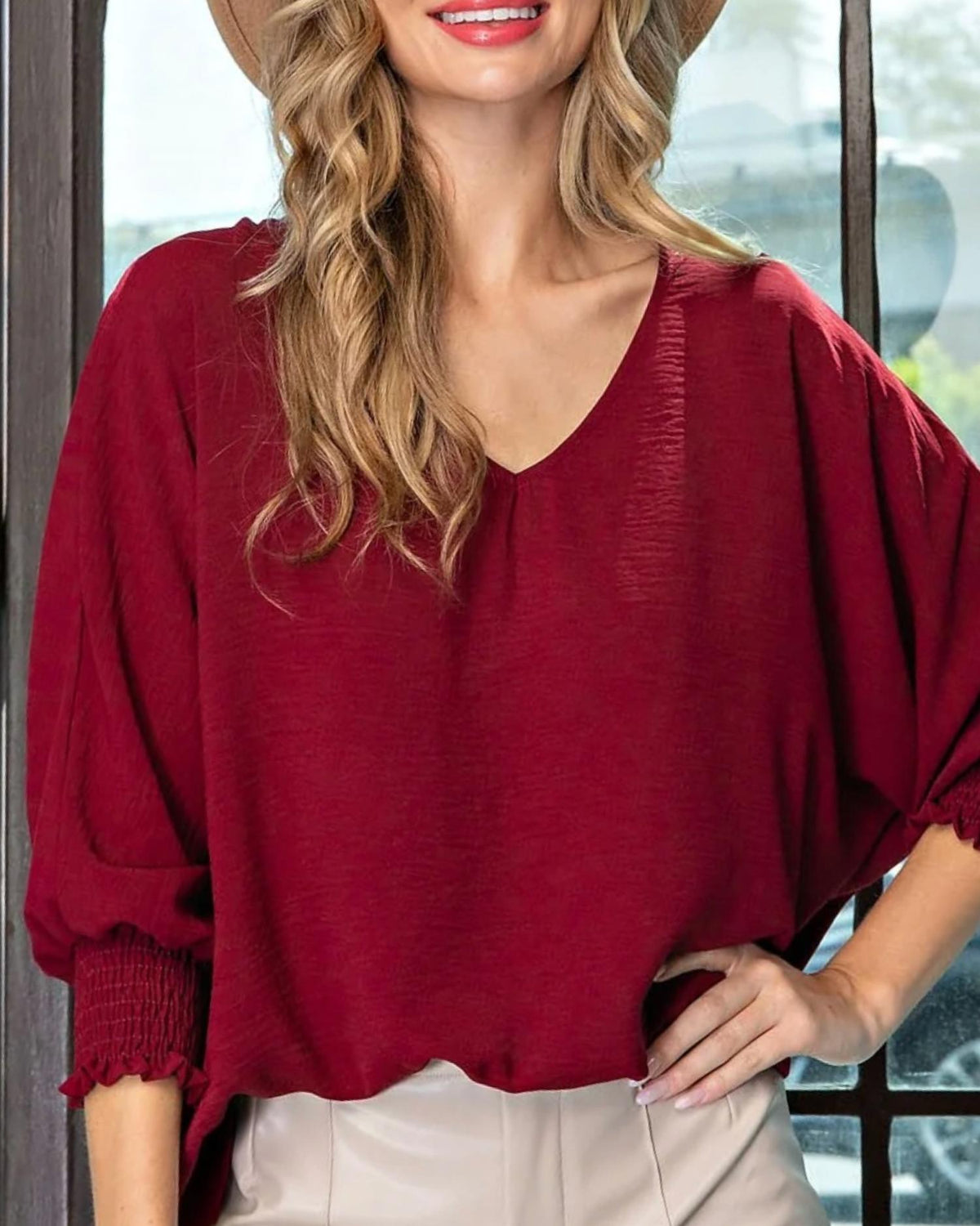 Ee:Some - V-neck Long Sleeve Blouse