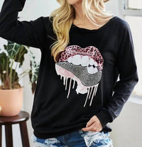 Bibi - Lip Patch French Terry Knit Pullover With Rhinestone