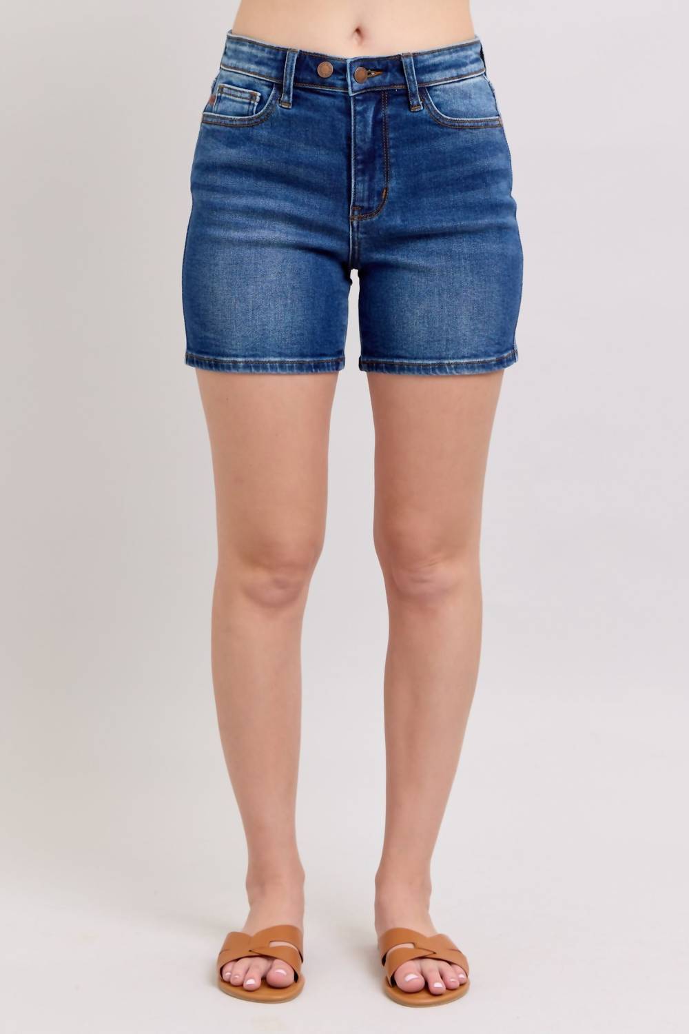 Judy Blue 2 Button Mid Length Dad Shorts in blue - women's shorts