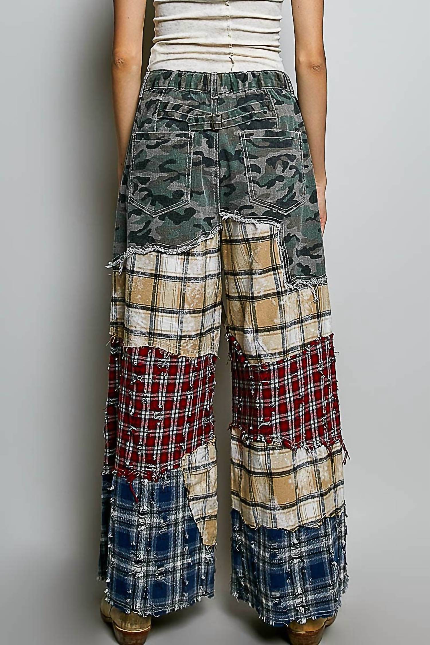 Pol - Asymmetrical Patchwork Buckle Back Detail Woven Pants
