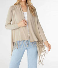 COCO + CARMEN Airweave Open Cardigan With Fringe in khaki - women's cardigan