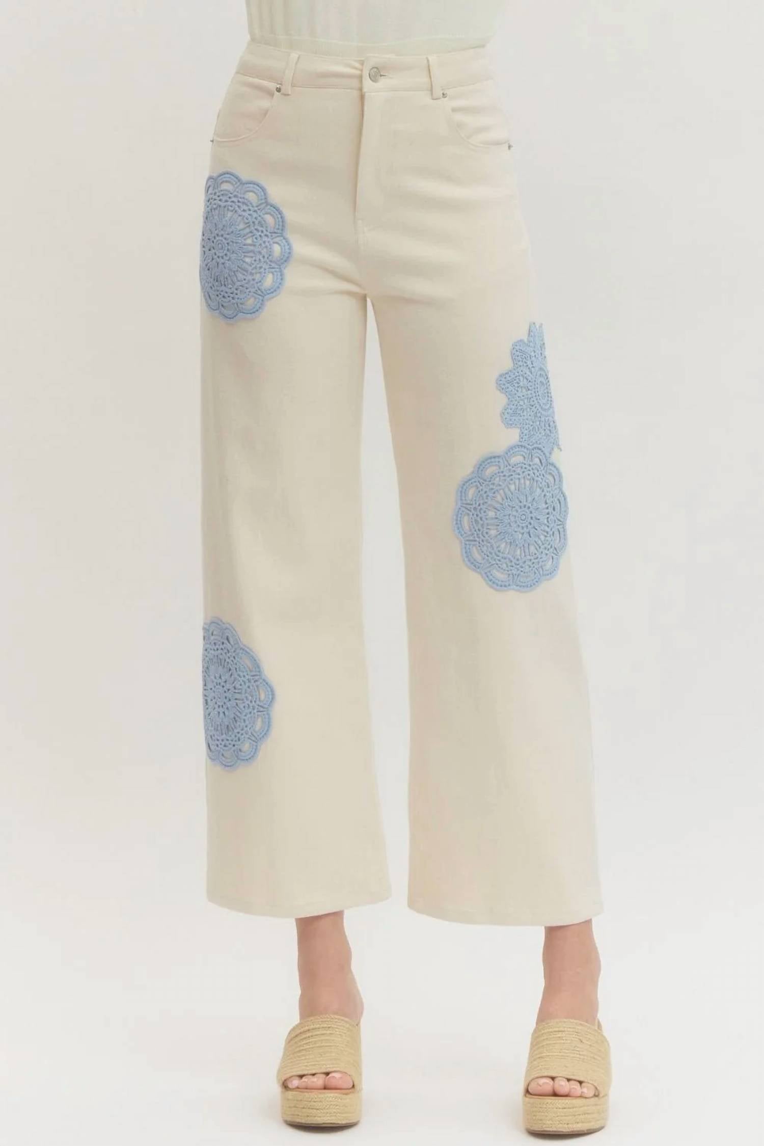 Entro - Lace Applique Wide Leg Pants