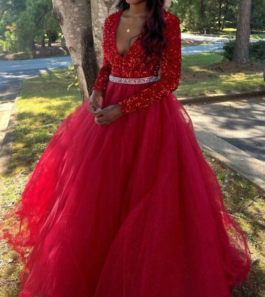 Ava Presley - Velvet Sequin Long Sleeved Ball Gown