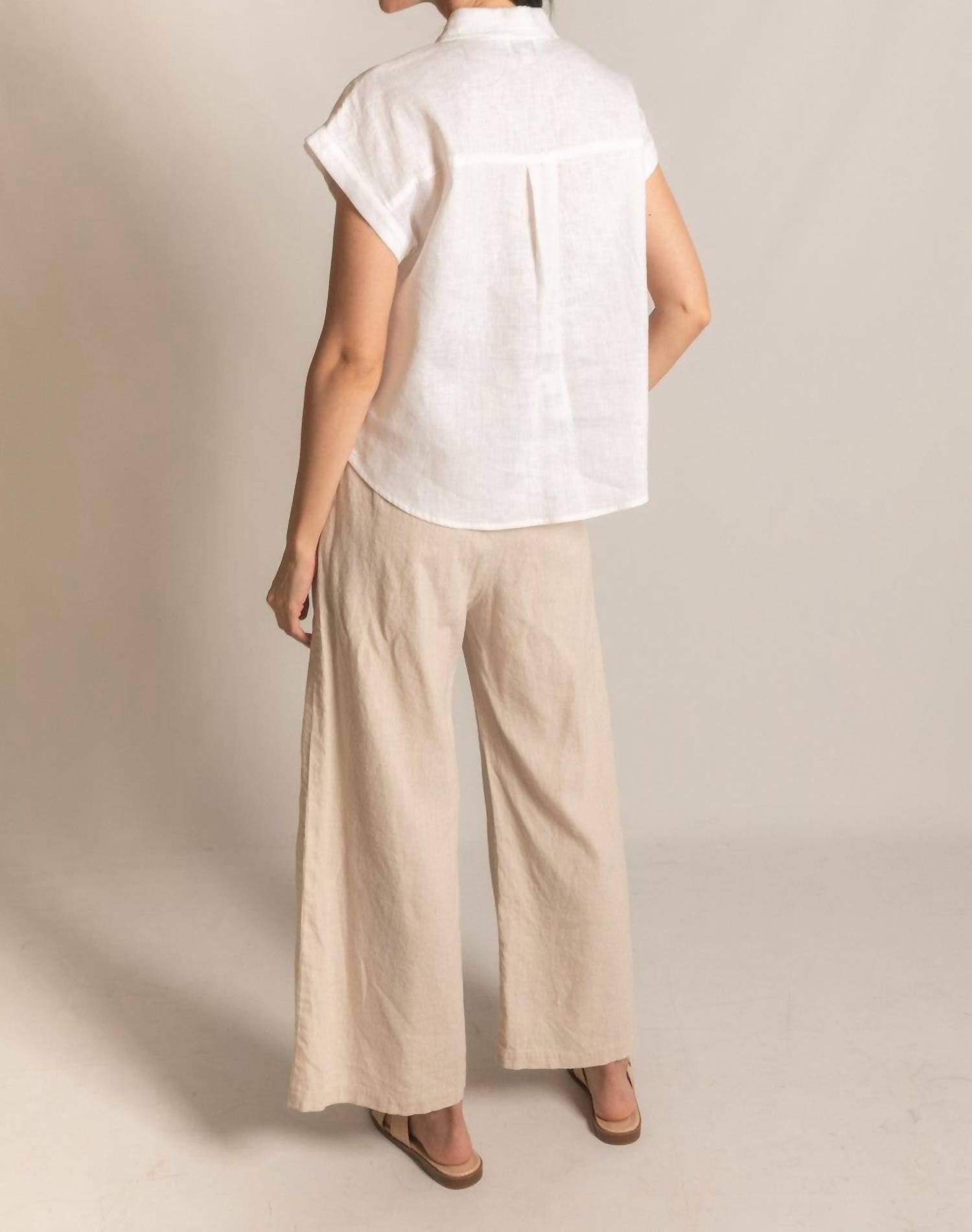 P.CILL Linen Relaxed Short Sleeve Button Up Shirt in white - women's shirt - detail view