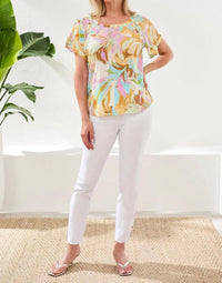 Tribal - Printed Linen Scoop Neck Top With Pleating Detail