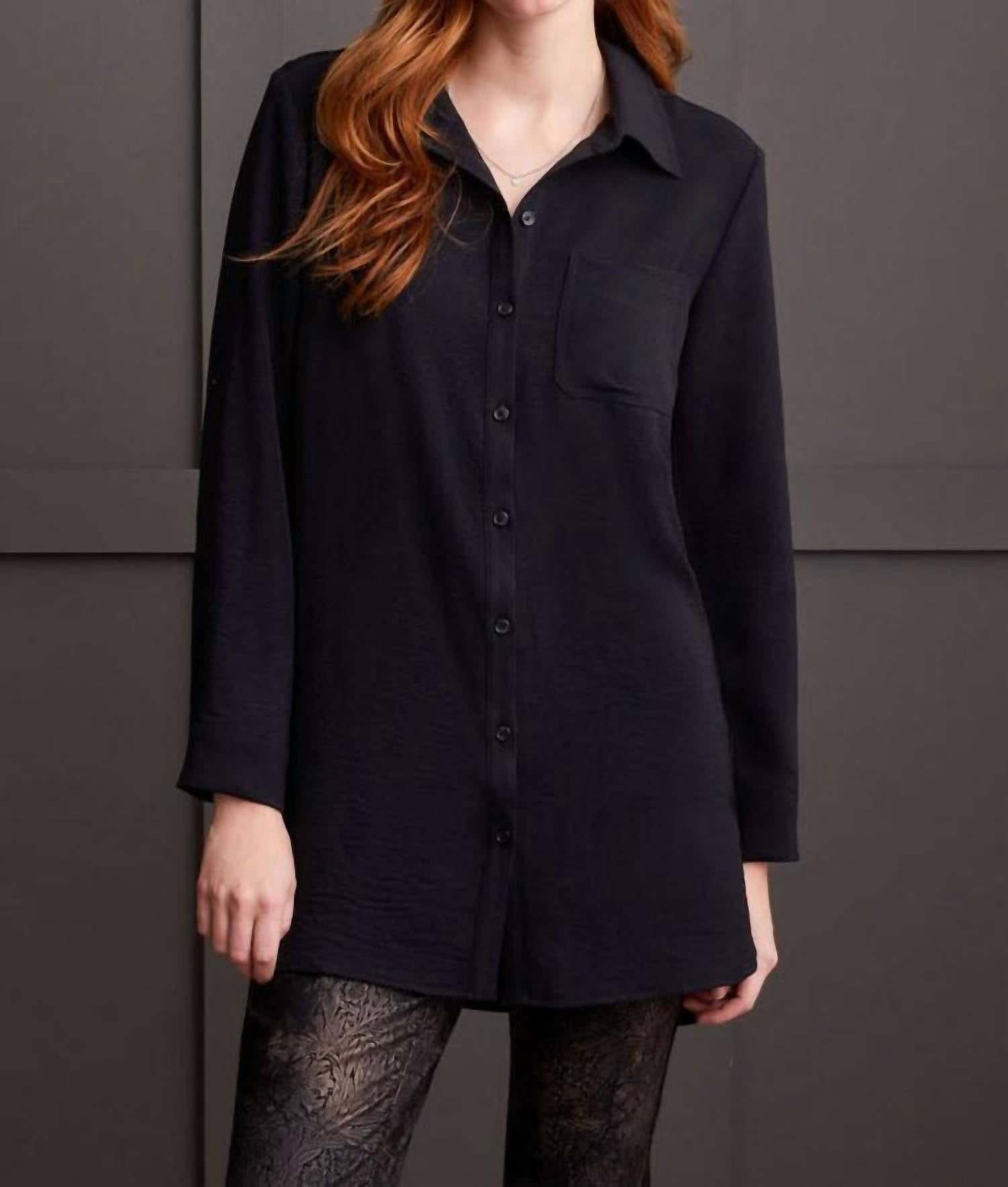 TRIBAL Pebbled Crepe Roll Sleeve Tunic Top in black - women's shirt