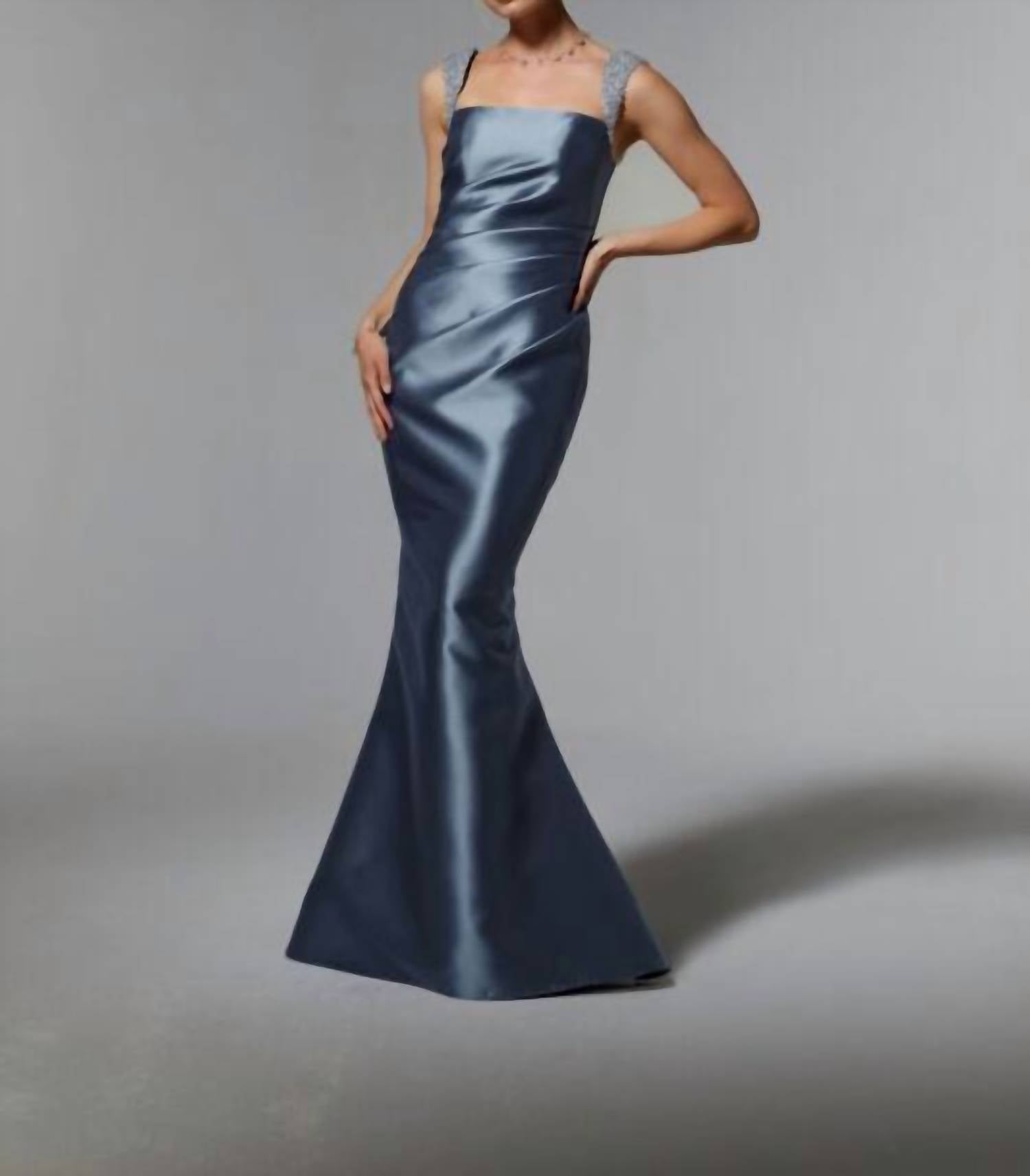 MGNY Satin Square Neck Draped Bodice Dress in slate - women's dress