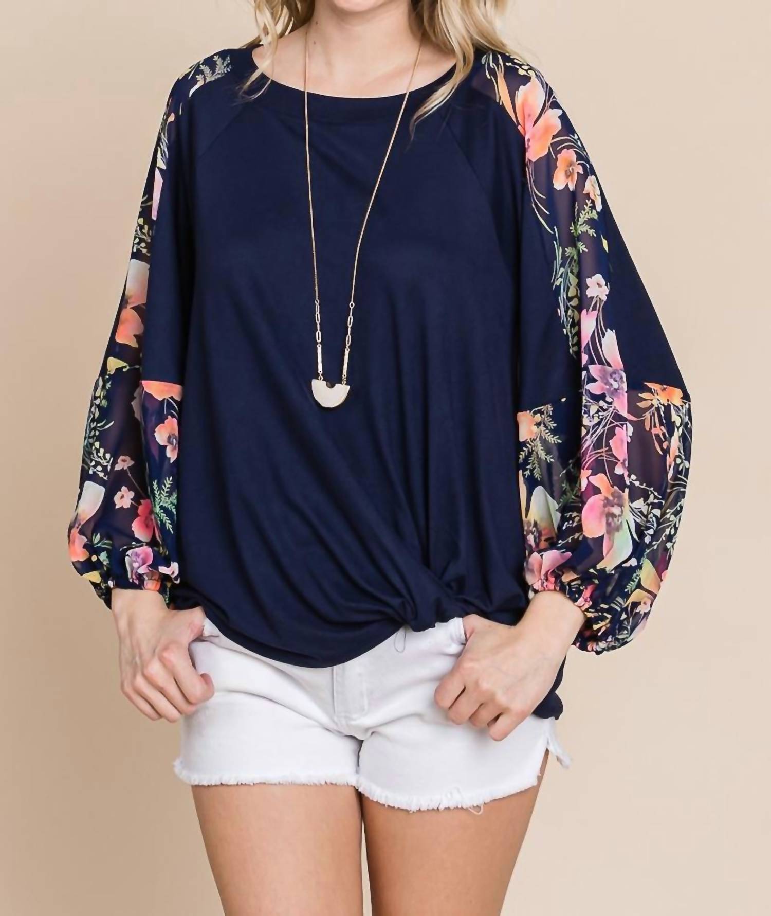 Emerald Collection - Floral Chiffon Sleeves Contrast Top - Plus