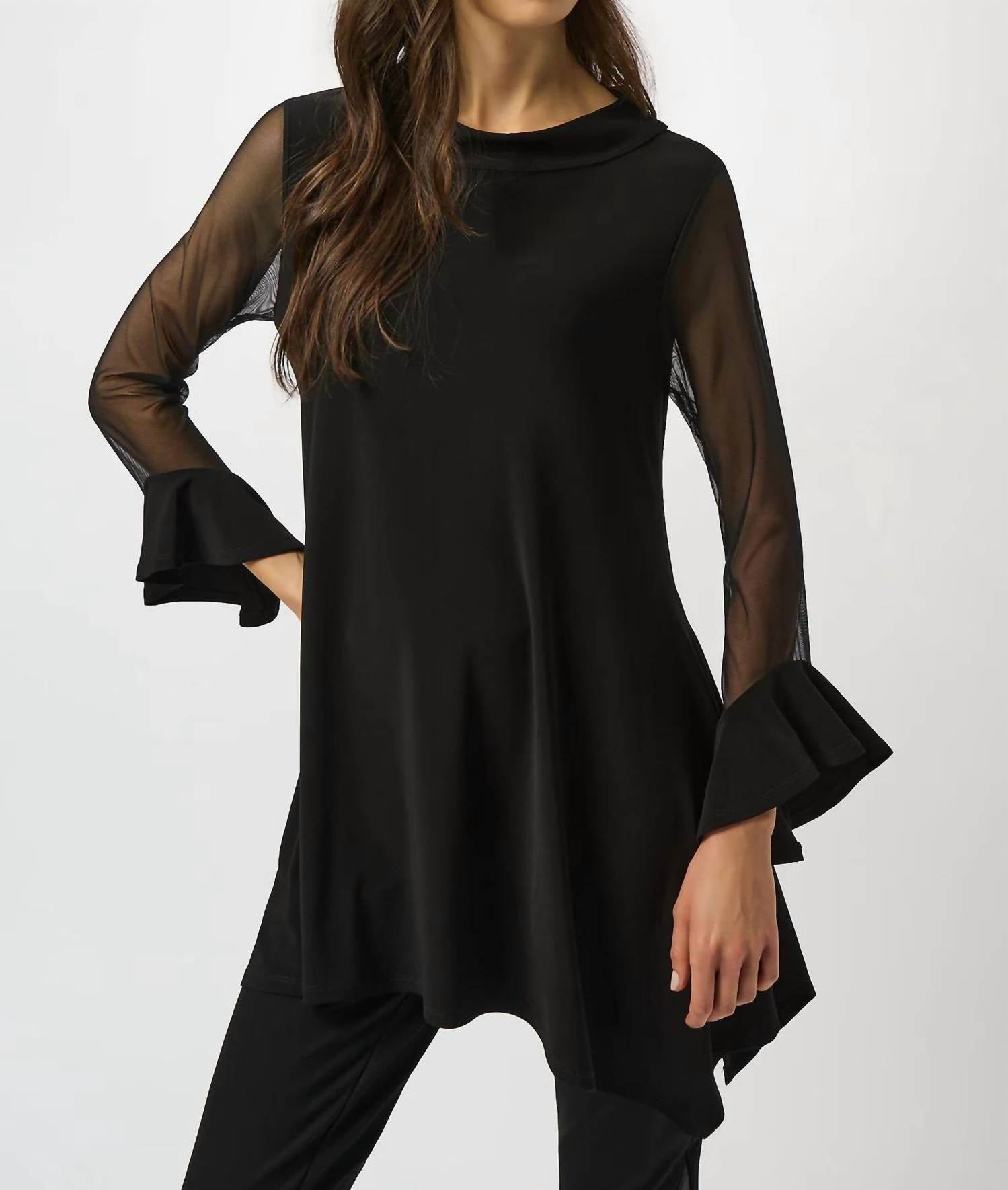 Joseph Ribkoff - Asymmetrical Mesh 3/4 Sleeves Tunic Top