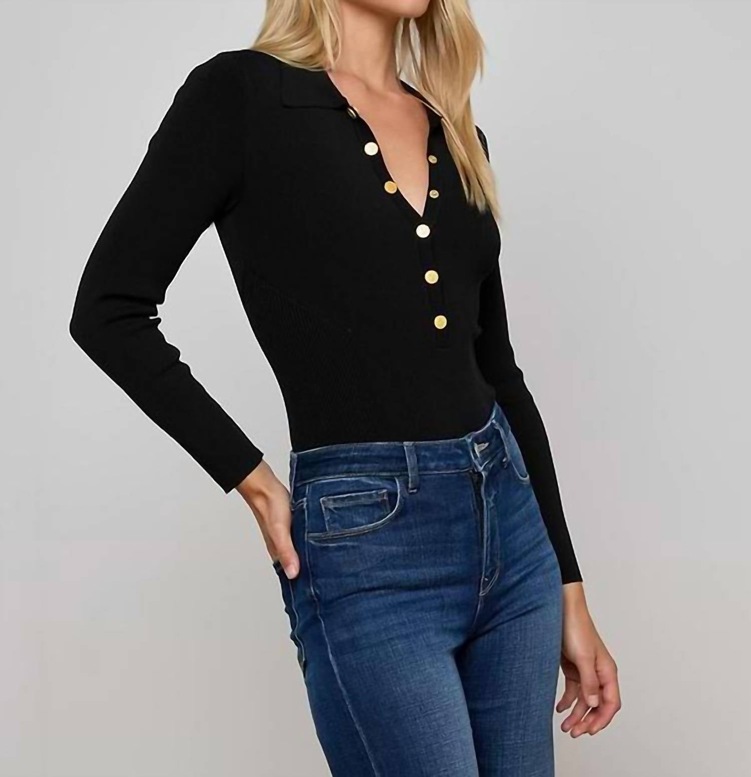 L'Agence Elizabeth Knit Bodysuit in black gold - women's shirt - alternate view