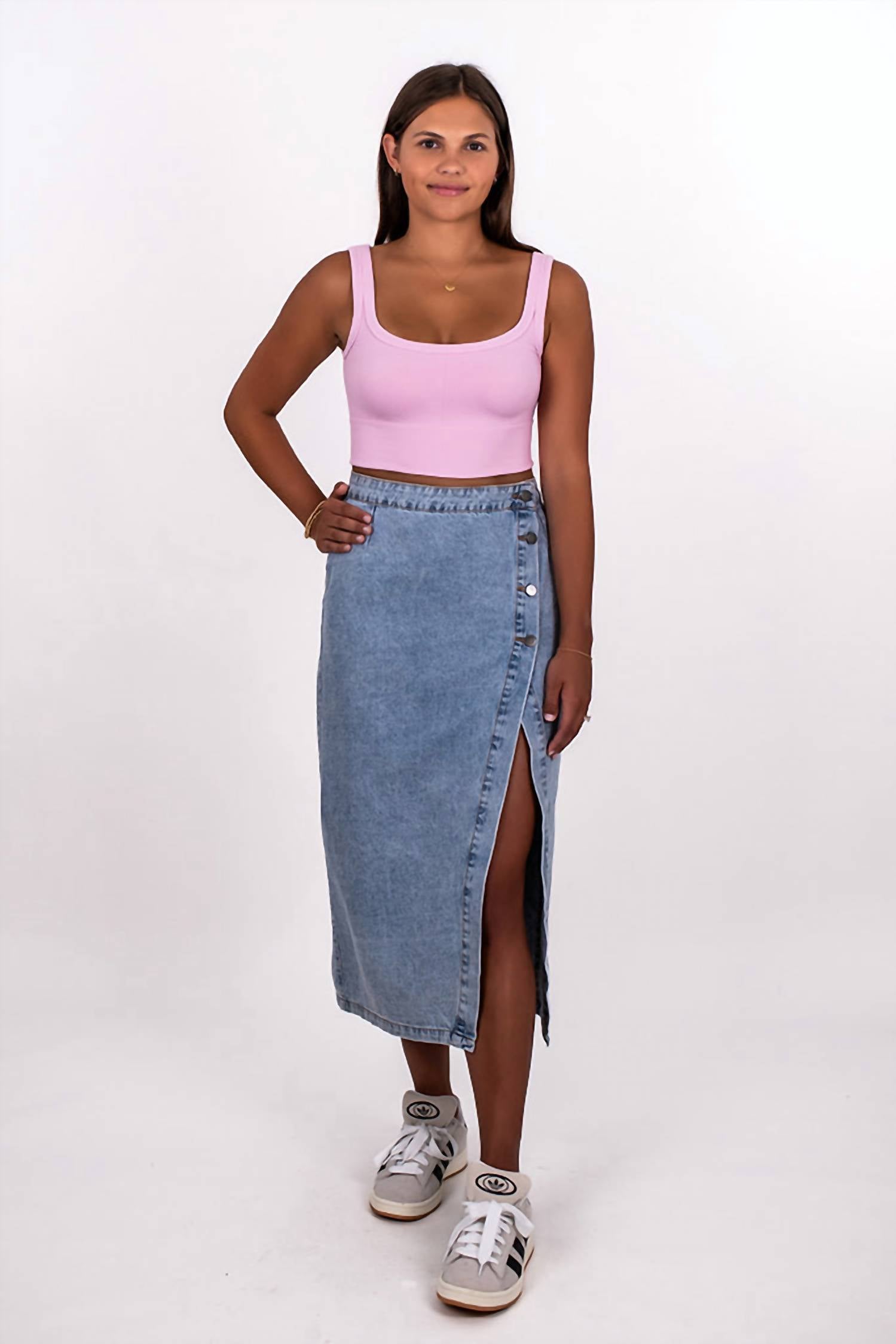 Mable - Crossover Waist Denim Midi Skirt
