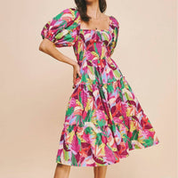 PINCH Square Neck Midi Dress in pink multi - women's dress
