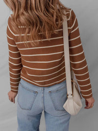 la society Tie Front Stripped V-neck Cardigan in caramel - women's cardigan - detail view