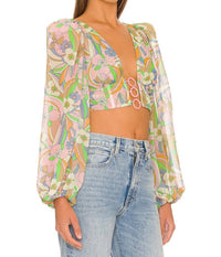 for Love & Lemons Guinevere Crop Top in green - women's shirt - alternate view
