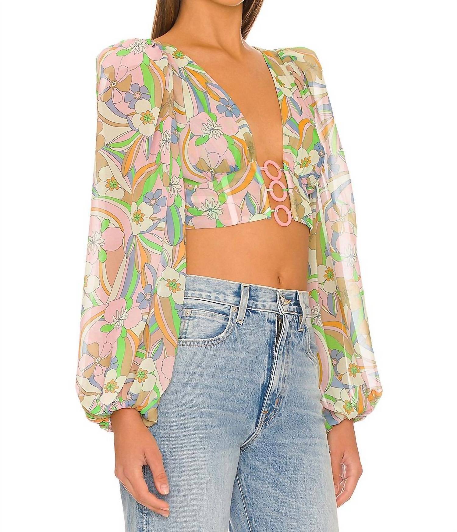 for Love & Lemons Guinevere Crop Top in green - women's shirt - alternate view