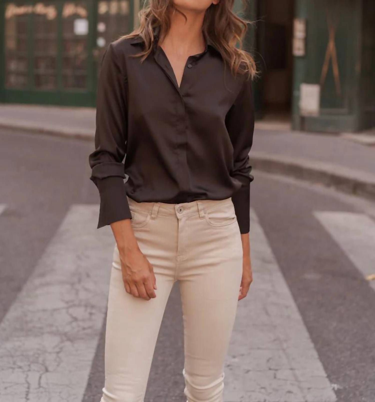 CHOKLATE PARIS Pajama Collar Satin Button Down Shirt in chocolate - women's blouse