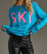 Panache Apparel Ski Block Letter Sweater Top in blue pink - women's sweater - detail view