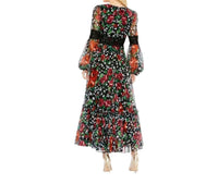 Mac Duggal - Floral Chiffon Lace Puff Sleeve Midi Dress