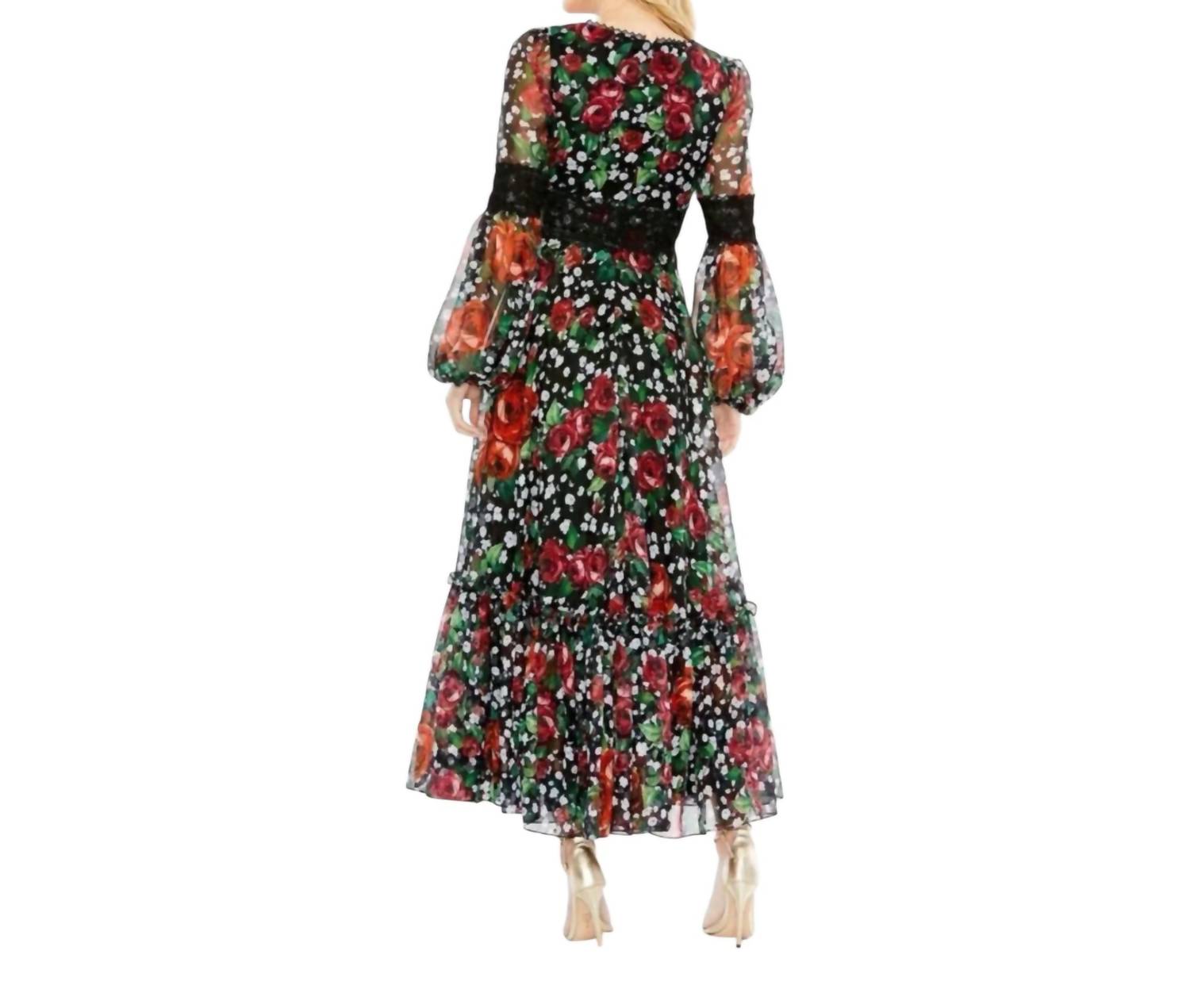 Mac Duggal - Floral Chiffon Lace Puff Sleeve Midi Dress