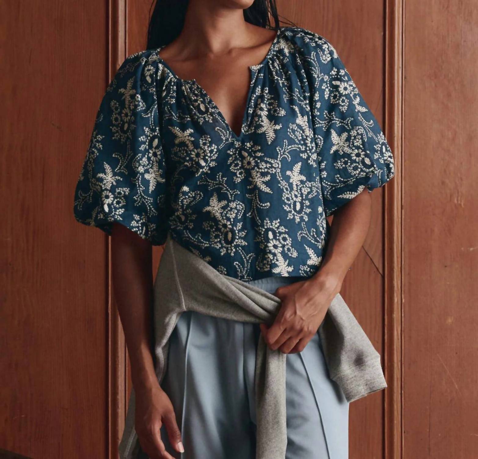 THE GREAT. Blythe Top in indigo bandana - women's blouse