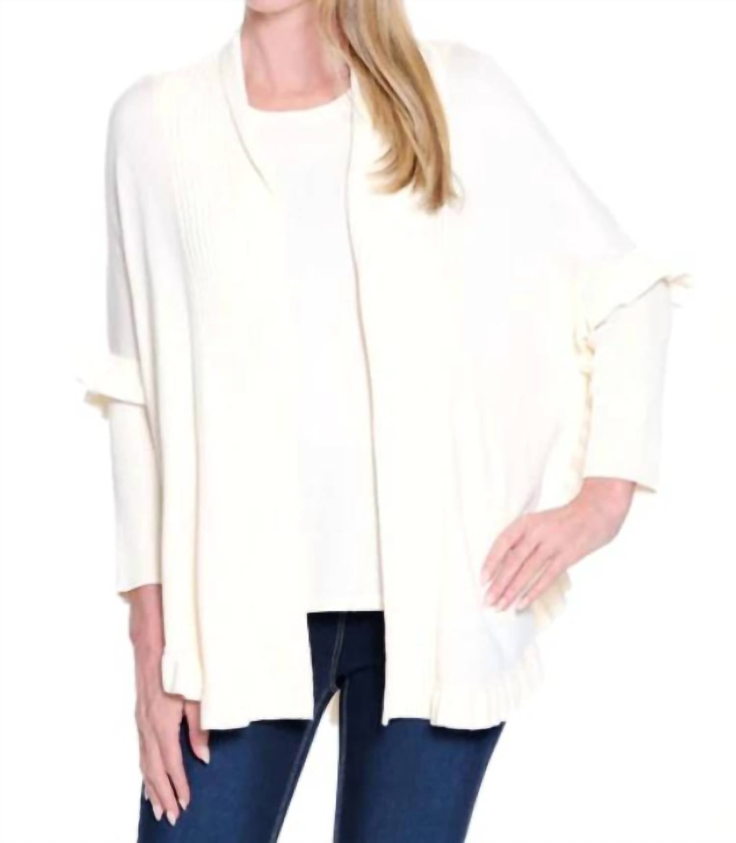 Multiples - 3/4 Seleeve Ruffle Hem Shawl Collar Sweater Cardigan
