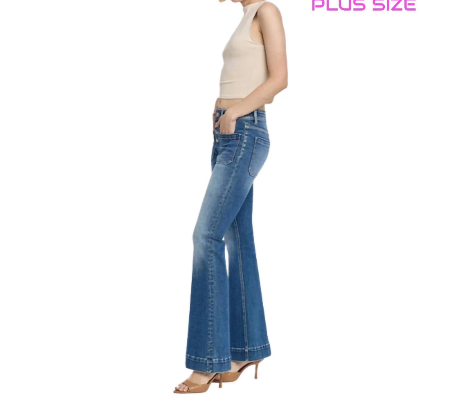 Vervet By Flying Monkey - Gleefully Plus Size Mid Rise Trouser Hem Flare Jeans