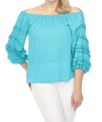 Joseph Ribkoff - Off-shoulder Ruffled 3/4 Puff Sleeve Top