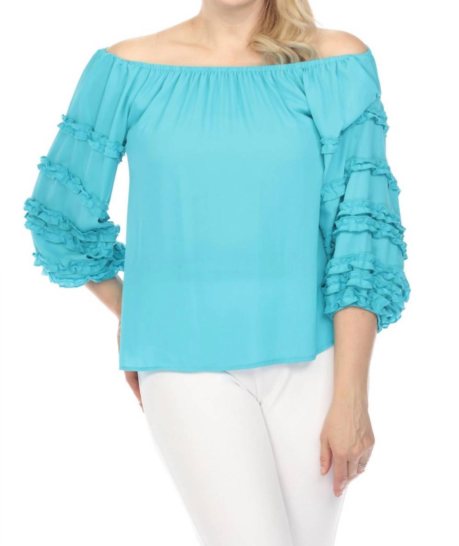 Joseph Ribkoff - Off-shoulder Ruffled 3/4 Puff Sleeve Top