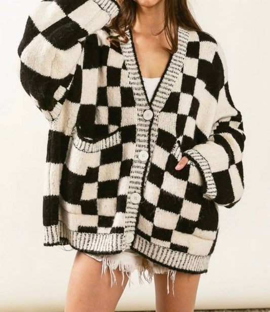Bibi - Patch Pockets Checkered Sweater Cardigan