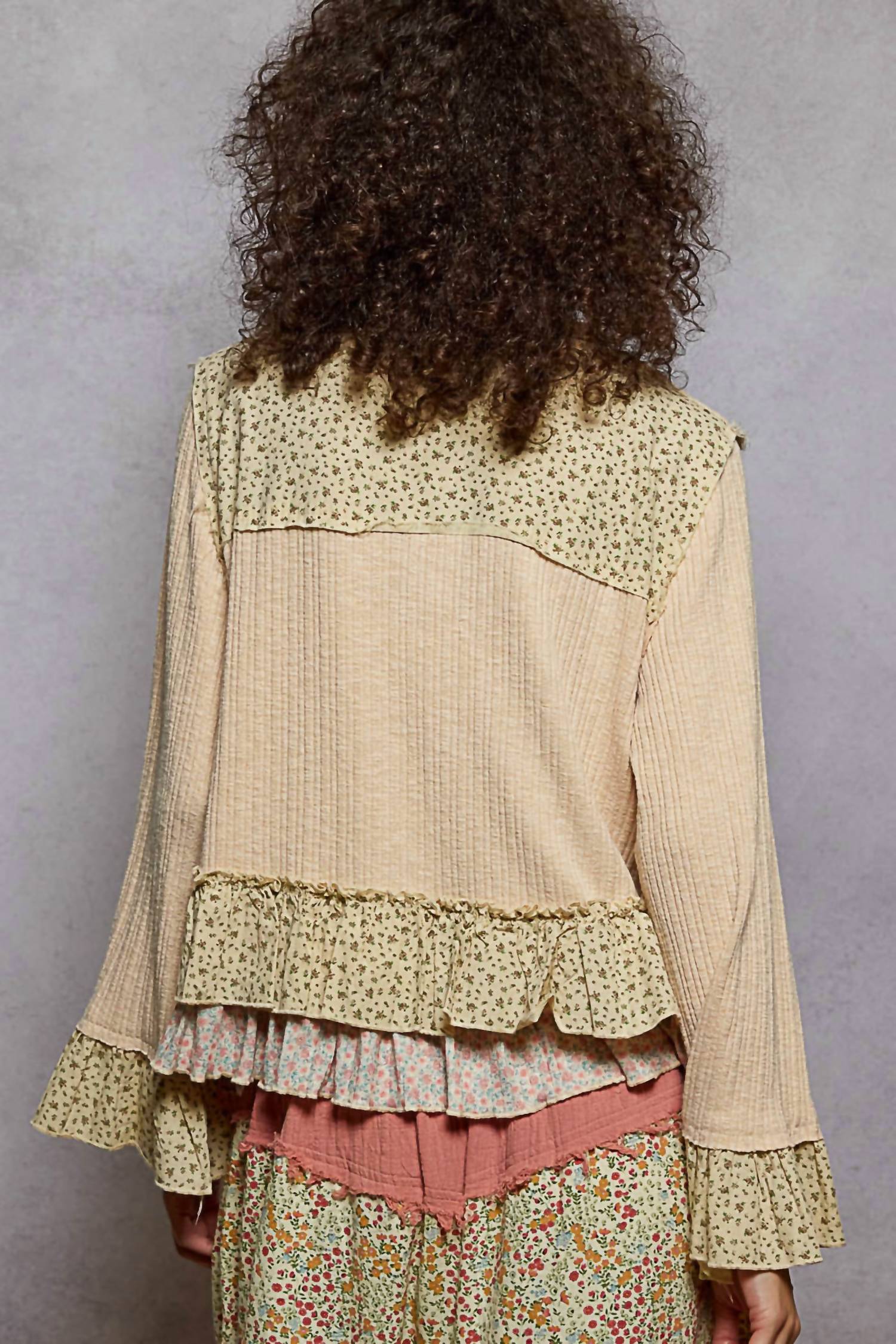 POL Floral Ruffle Full Sleeve Top in cream - women's blouse - detail view