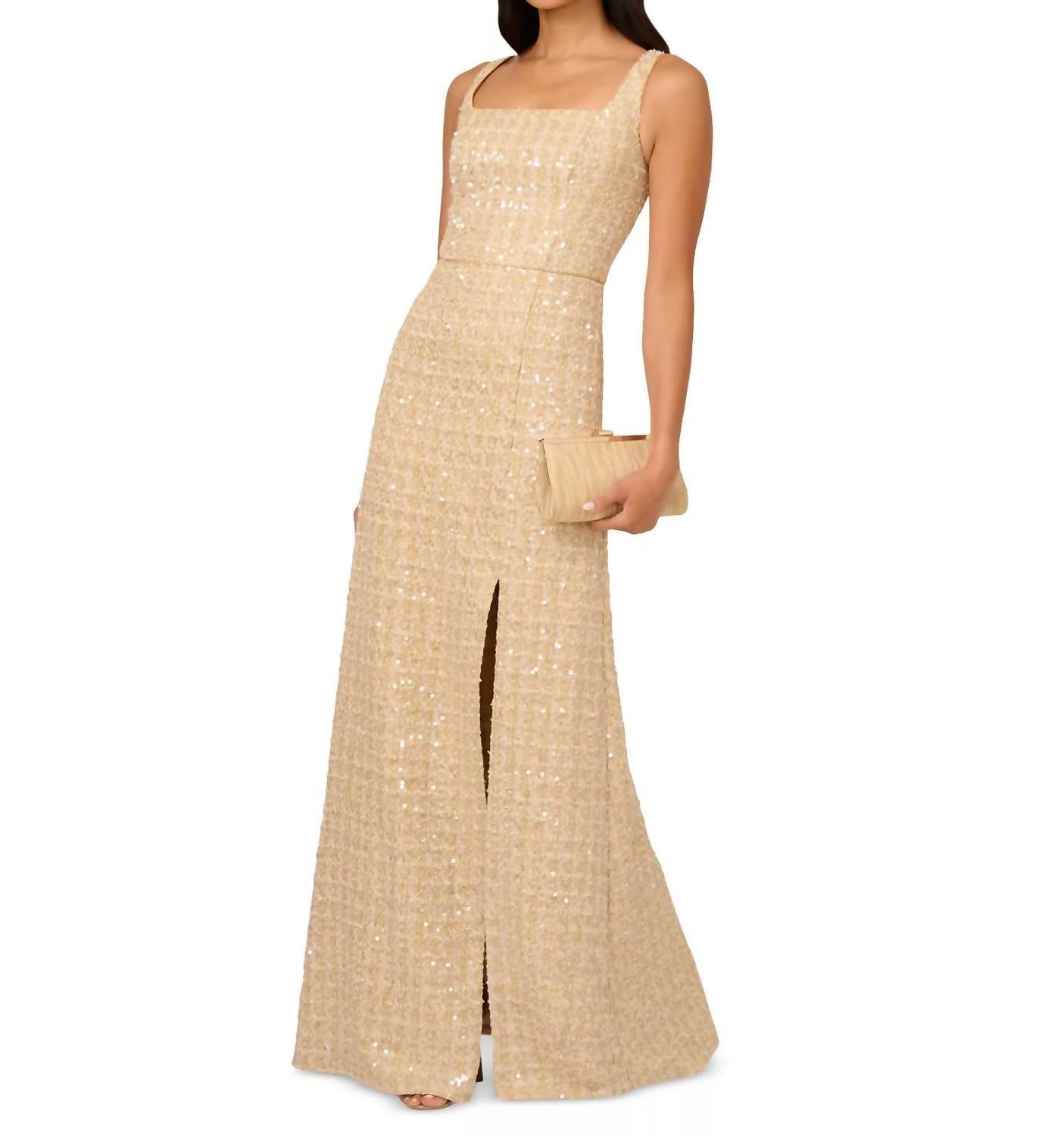 Adrianna Papell Sequin-bouclé Square-neck Gown - Petite in cream - women's dress - alternate view