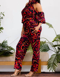 Karen Kane Cold Shoulder Top And Wide Leg Pants Set in red multi - women's pants - view 4