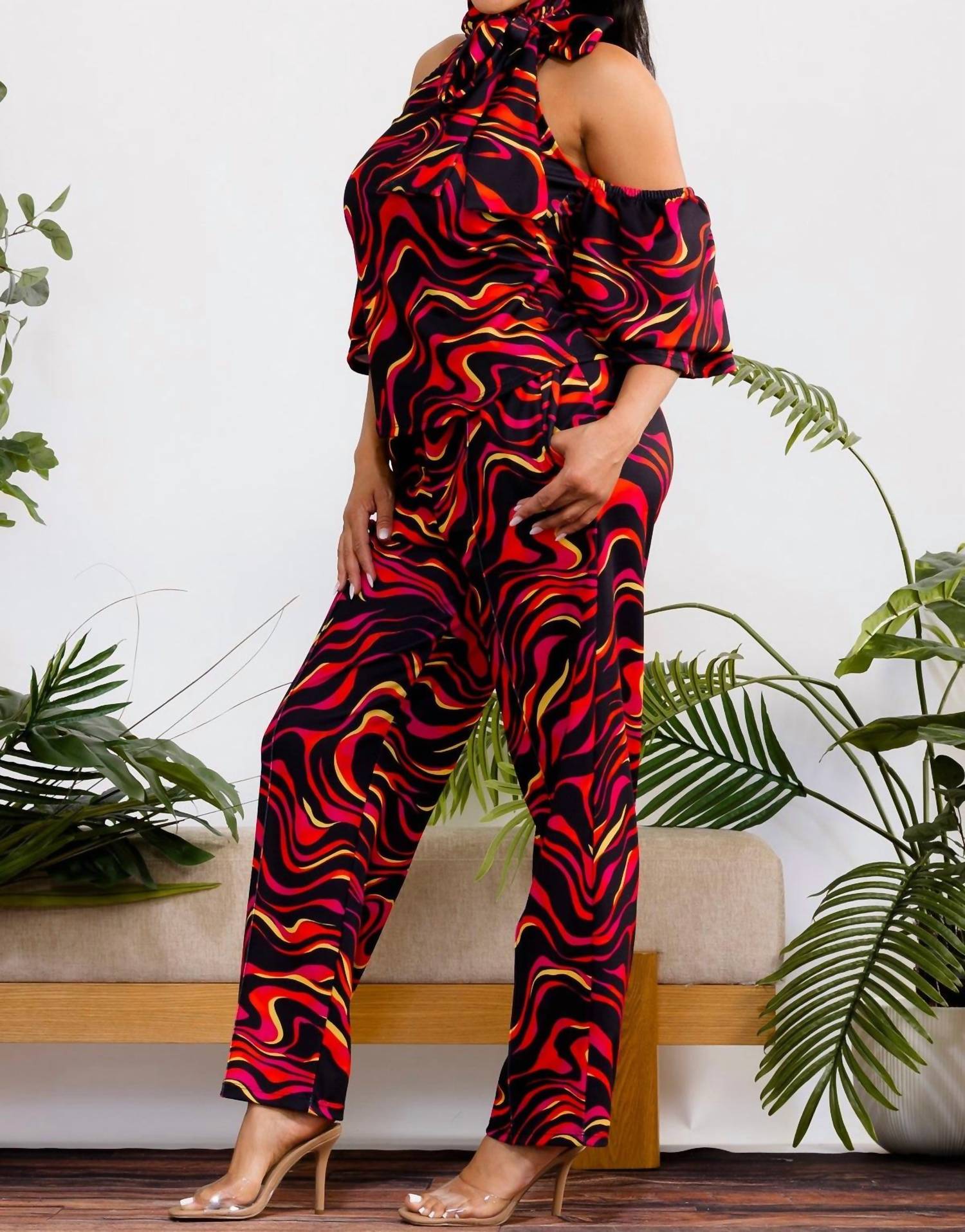Karen Kane Cold Shoulder Top And Wide Leg Pants Set in red multi - women's pants - view 4