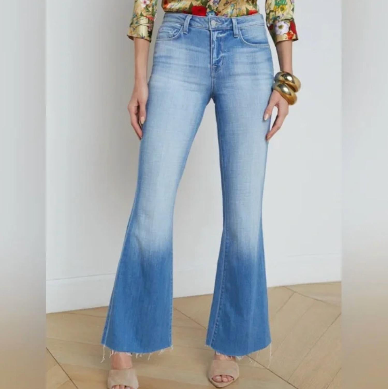 L'Agence Sera High Rise Flare Jeans in cabrini blue - women's jeans - detail view
