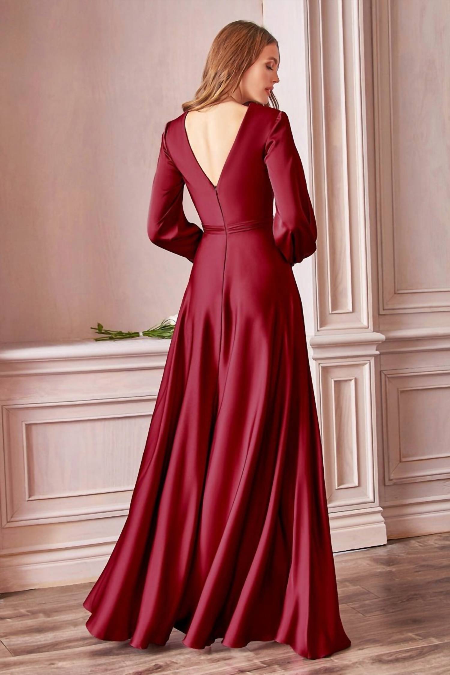 Ladivine Long Sleeve Satin Dress in burgundy - women's dress - alternate view