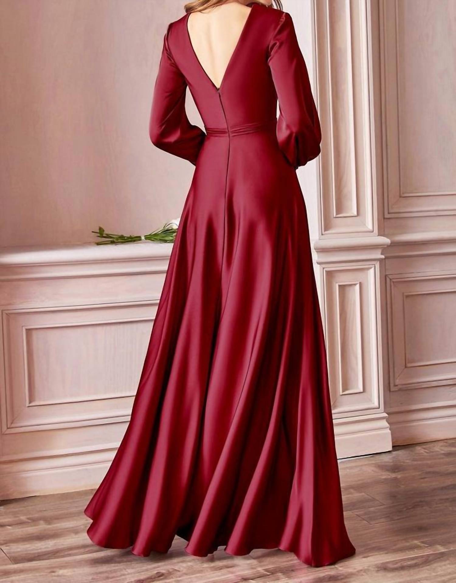 Ladivine Long Sleeve Satin Dress in burgundy - women's dress - detail view