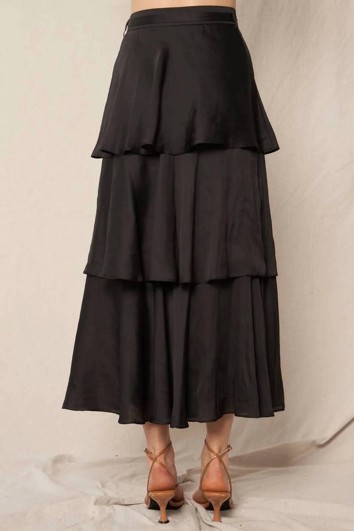 En Creme - Belted Satin Tiered Midi Skirt
