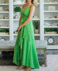 Vine & Love - Adjustable Strap Tie Waist Dot Print Long Wrap Dress