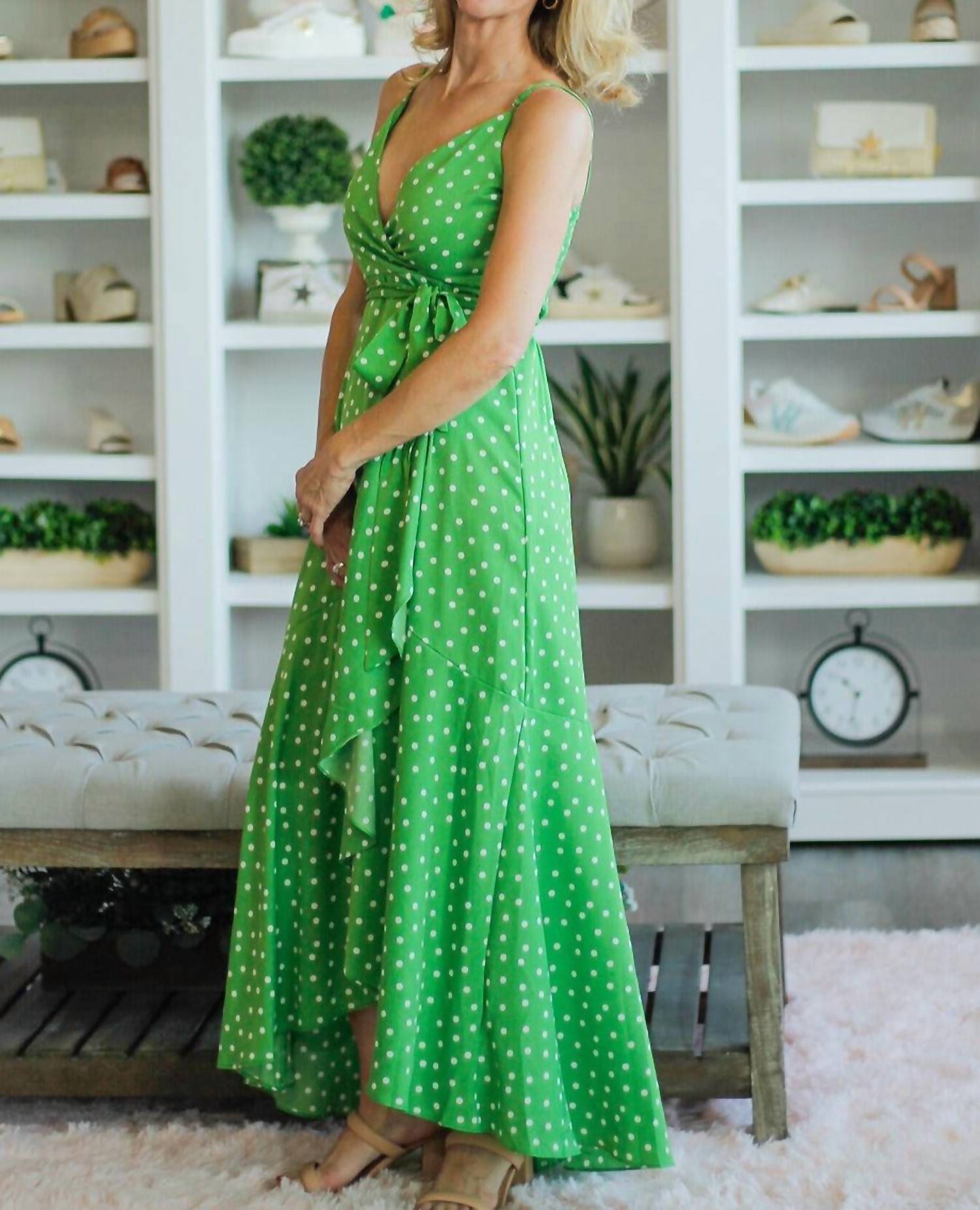 Vine & Love - Adjustable Strap Tie Waist Dot Print Long Wrap Dress