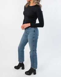 RD Style Roxi Ribbed Knit Top in jet black - women's long sleeve top - detail view
