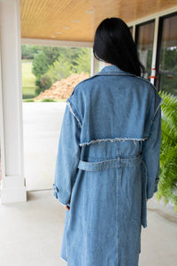 Q2 Stars Hollow Denim Trench Coat in blue - women's jacket - detail view