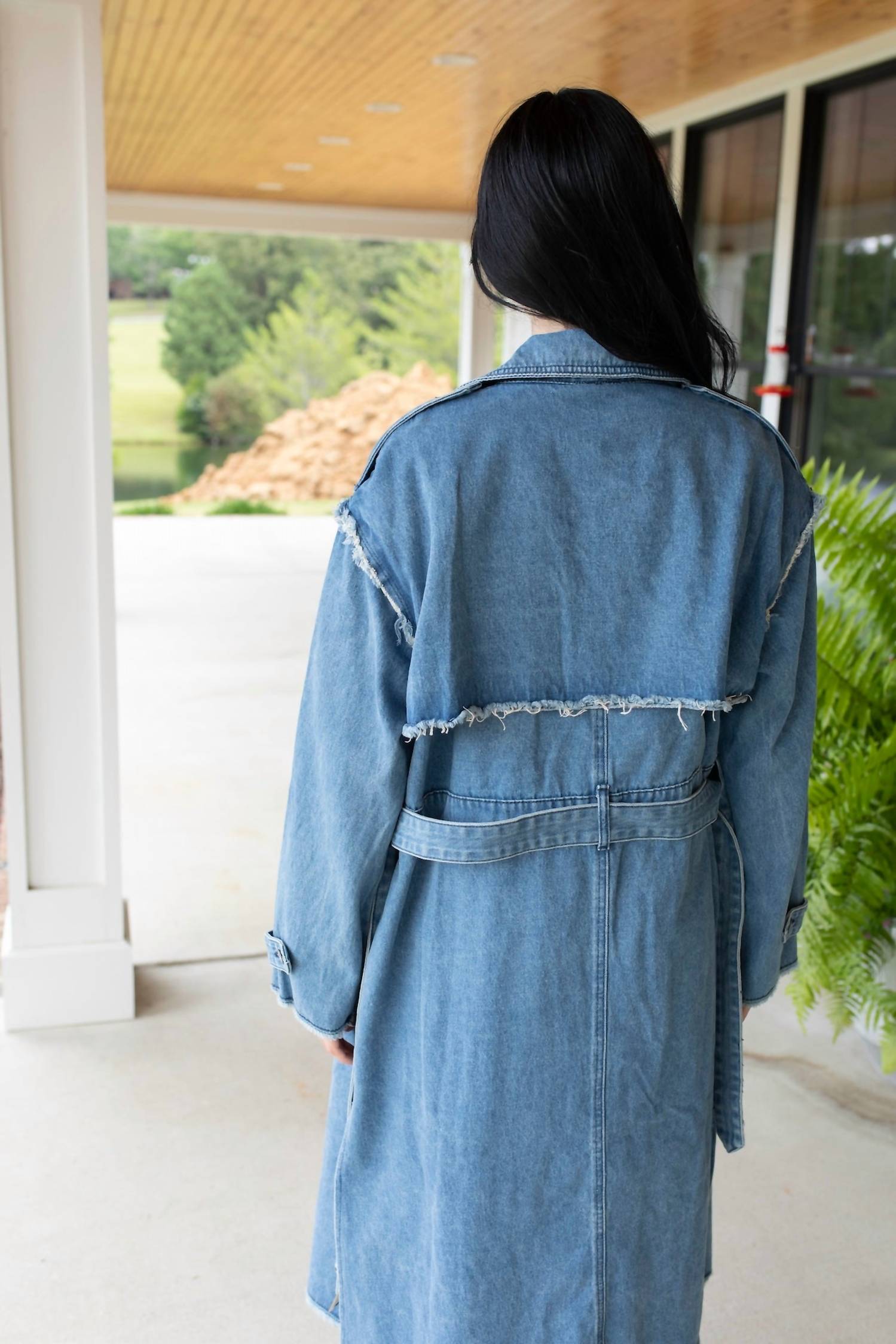 Q2 Stars Hollow Denim Trench Coat in blue - women's jacket - detail view